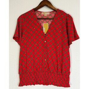 Michael Kors Womens Blouse Top Sea Coral Logo Print Chain V Neck Shirt Small